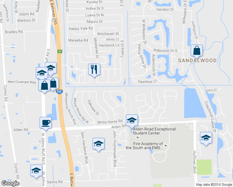 map of restaurants, bars, coffee shops, grocery stores, and more near 11765 Wattle Tree Road West in Jacksonville