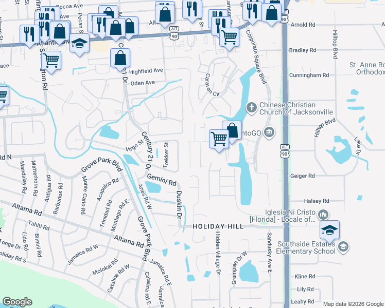 map of restaurants, bars, coffee shops, grocery stores, and more near 510 Narnia Court in Jacksonville