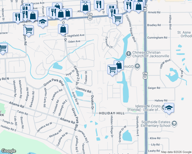 map of restaurants, bars, coffee shops, grocery stores, and more near 510 Narnia Court in Jacksonville