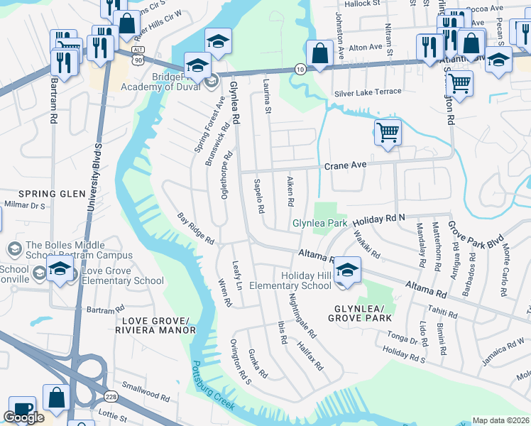 map of restaurants, bars, coffee shops, grocery stores, and more near 507 Laurina Street in Jacksonville