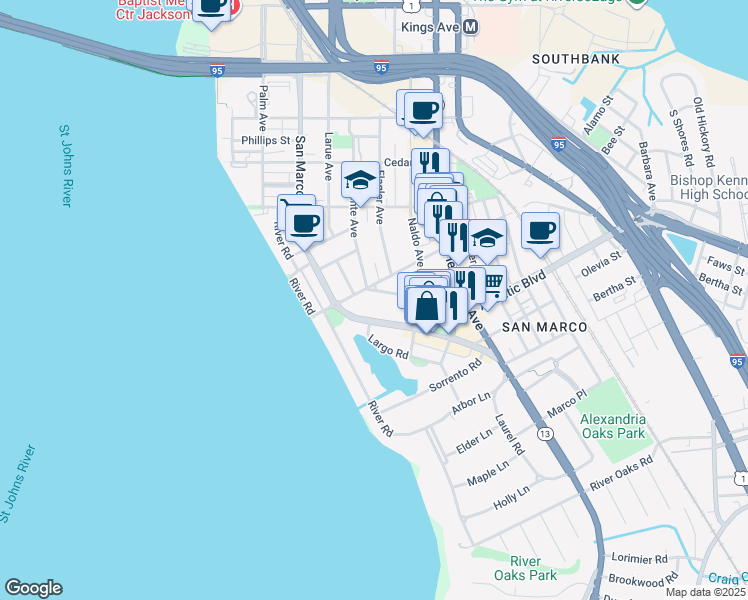 map of restaurants, bars, coffee shops, grocery stores, and more near 1222 Landon Avenue in Jacksonville