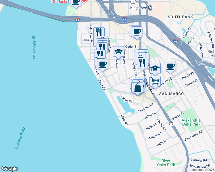 map of restaurants, bars, coffee shops, grocery stores, and more near 1754 San Marco Boulevard in Jacksonville