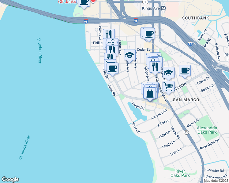 map of restaurants, bars, coffee shops, grocery stores, and more near 1754 San Marco Boulevard in Jacksonville