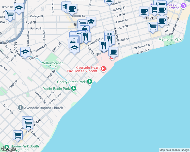 map of restaurants, bars, coffee shops, grocery stores, and more near 1842 Powell Place in Jacksonville
