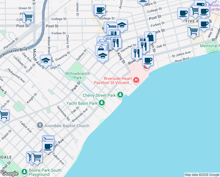 map of restaurants, bars, coffee shops, grocery stores, and more near 2810 Riverside Avenue in Jacksonville