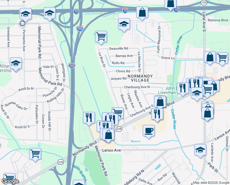 map of restaurants, bars, coffee shops, grocery stores, and more near 7611 Cherbourg Avenue North in Jacksonville