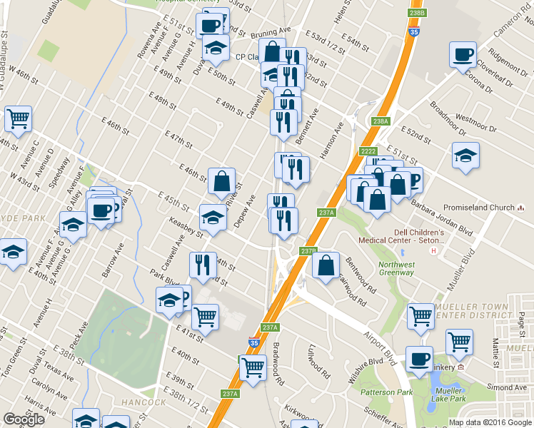 map of restaurants, bars, coffee shops, grocery stores, and more near 4611 Bennett Avenue in Austin