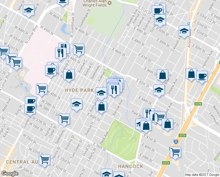 map of restaurants, bars, coffee shops, grocery stores, and more near 4312 Avenue H in Austin