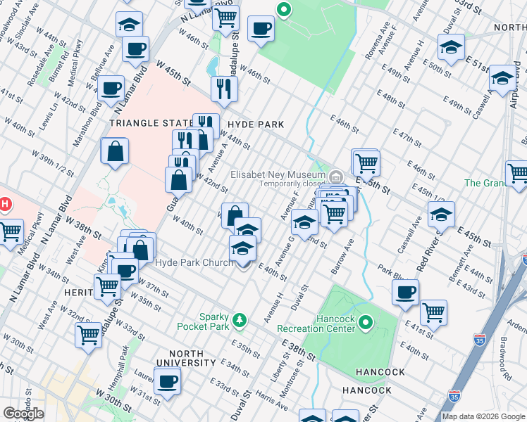 map of restaurants, bars, coffee shops, grocery stores, and more near 4205 Avenue D in Austin
