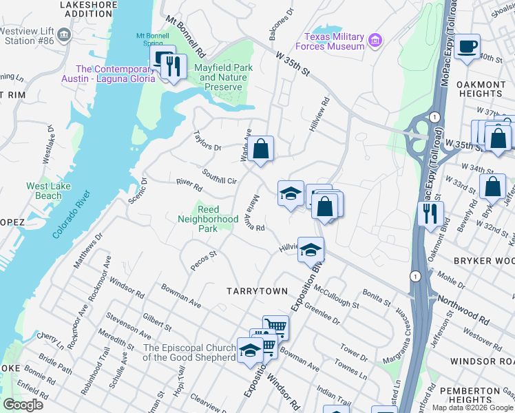 map of restaurants, bars, coffee shops, grocery stores, and more near 2709 Maria Anna Road in Austin