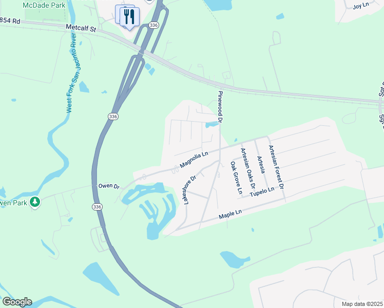 map of restaurants, bars, coffee shops, grocery stores, and more near 2025 Vanamen Court in Conroe