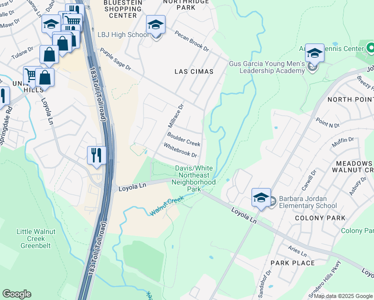 map of restaurants, bars, coffee shops, grocery stores, and more near 5804 Whitebrook Drive in Austin