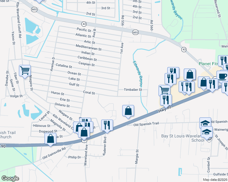 map of restaurants, bars, coffee shops, grocery stores, and more near 4008 Gulf Street in Bay St. Louis