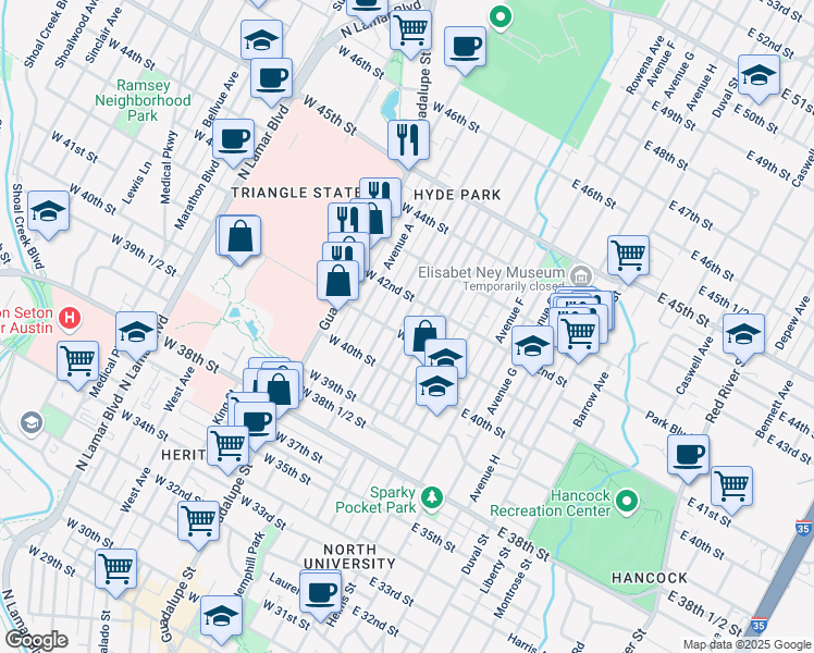 map of restaurants, bars, coffee shops, grocery stores, and more near 4113 Avenue C in Austin