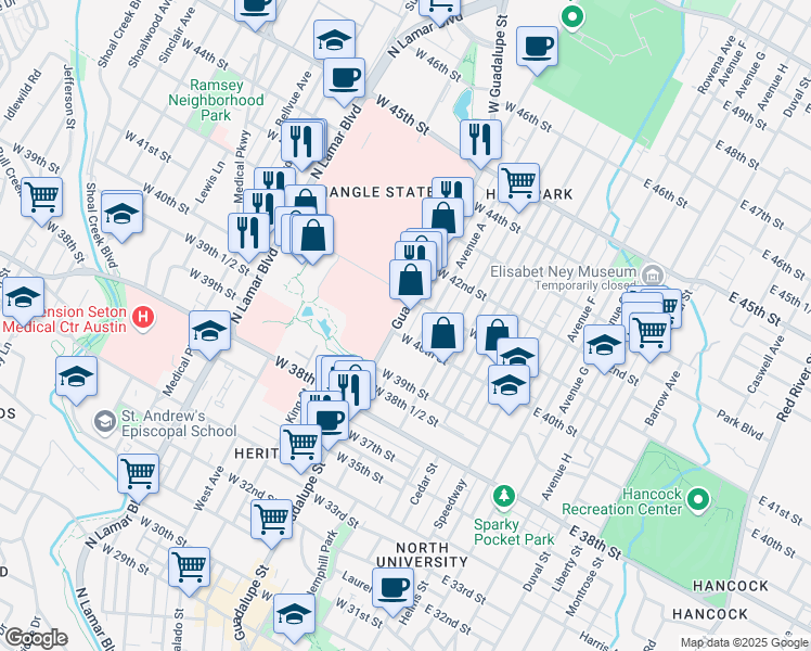 map of restaurants, bars, coffee shops, grocery stores, and more near 4001 Guadalupe Street in Austin