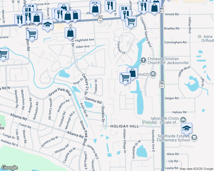 map of restaurants, bars, coffee shops, grocery stores, and more near 510 Narnia Court in Jacksonville