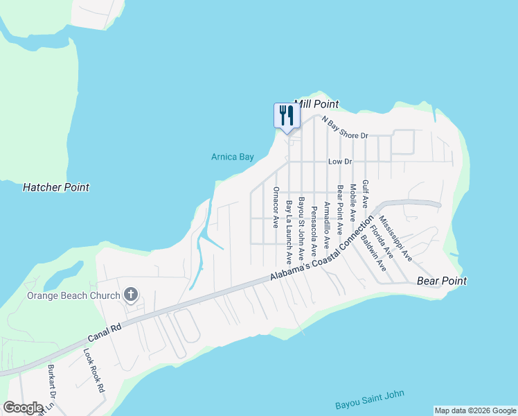 map of restaurants, bars, coffee shops, grocery stores, and more near 5510 East Perdido Avenue in Orange Beach