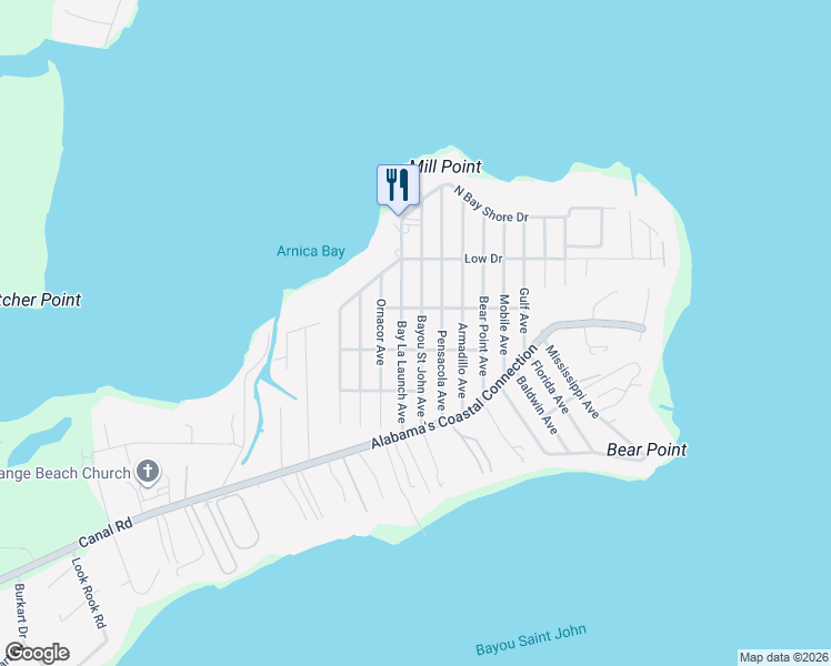 map of restaurants, bars, coffee shops, grocery stores, and more near 5487 Bayou Saint John Avenue in Orange Beach