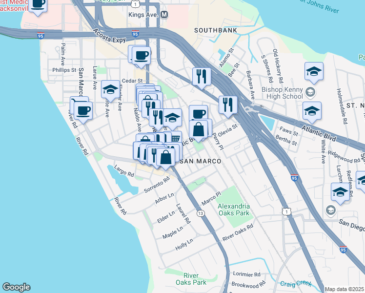 map of restaurants, bars, coffee shops, grocery stores, and more near 1562 Atlantic Boulevard in Jacksonville