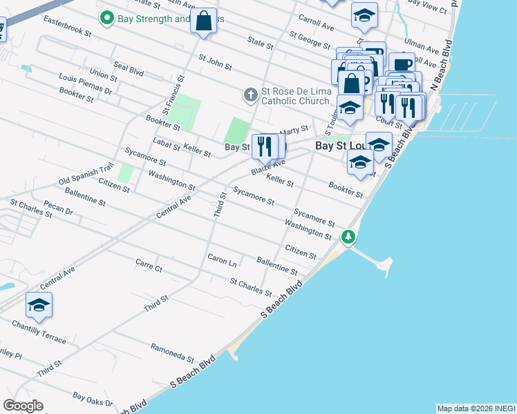 map of restaurants, bars, coffee shops, grocery stores, and more near Sycamore Street in Bay Saint Louis