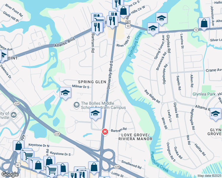 map of restaurants, bars, coffee shops, grocery stores, and more near 2115 University Boulevard South in Jacksonville