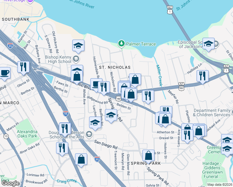 map of restaurants, bars, coffee shops, grocery stores, and more near 1522 San Mateo Avenue in Jacksonville