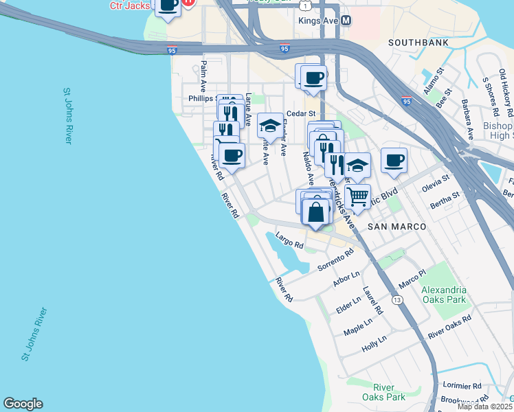 map of restaurants, bars, coffee shops, grocery stores, and more near 1738 Moro Avenue in Jacksonville