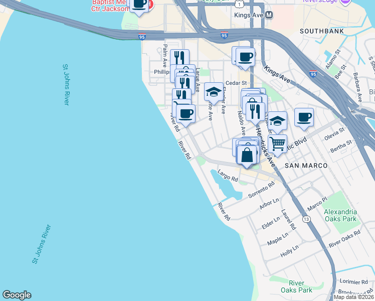 map of restaurants, bars, coffee shops, grocery stores, and more near 1754 San Marco Boulevard in Jacksonville