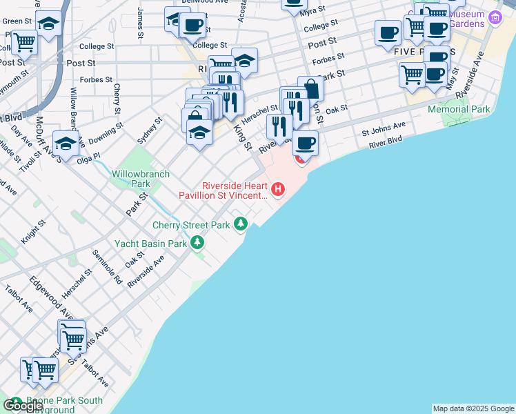 map of restaurants, bars, coffee shops, grocery stores, and more near 1842 Powell Place in Jacksonville