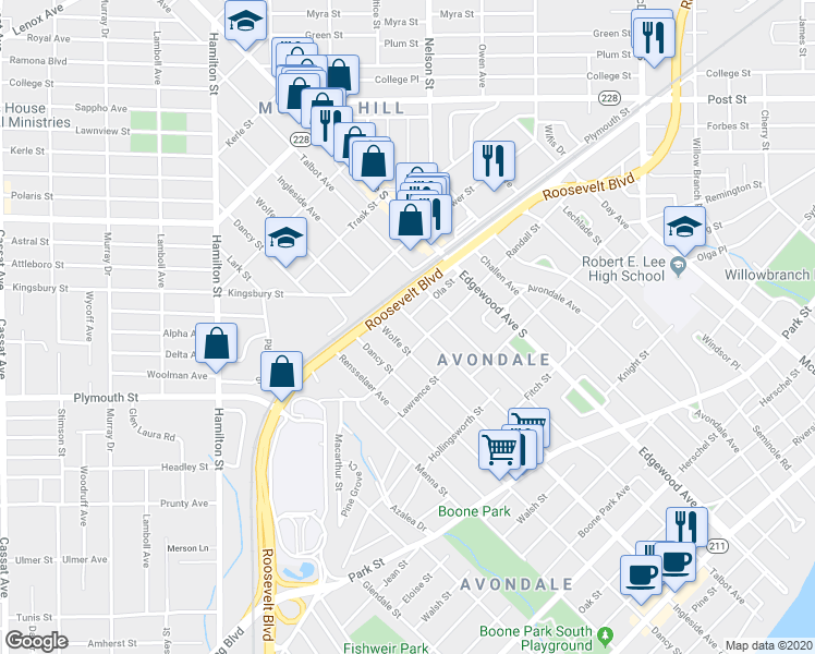 map of restaurants, bars, coffee shops, grocery stores, and more near 3560 Ola Street in Jacksonville