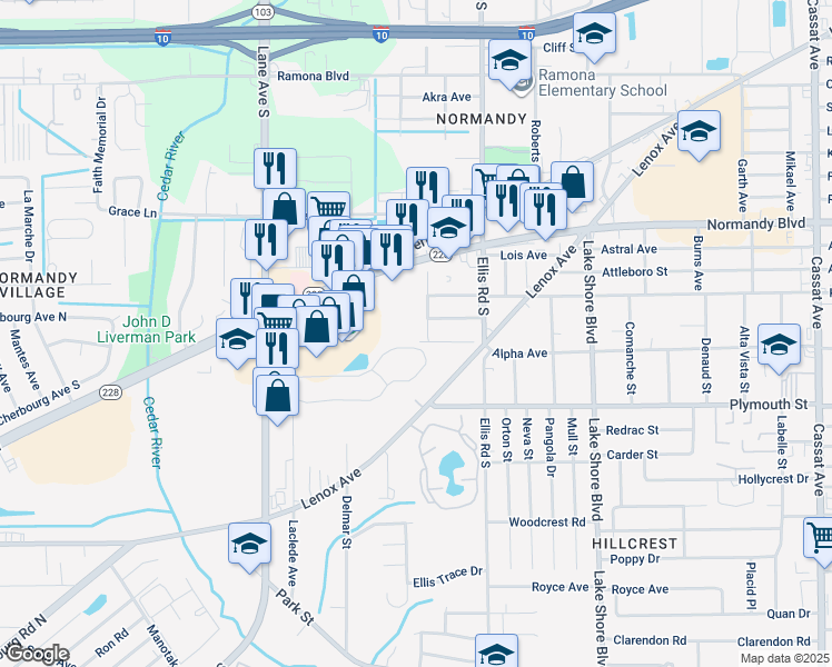 map of restaurants, bars, coffee shops, grocery stores, and more near 1113 Fountain Road in Jacksonville