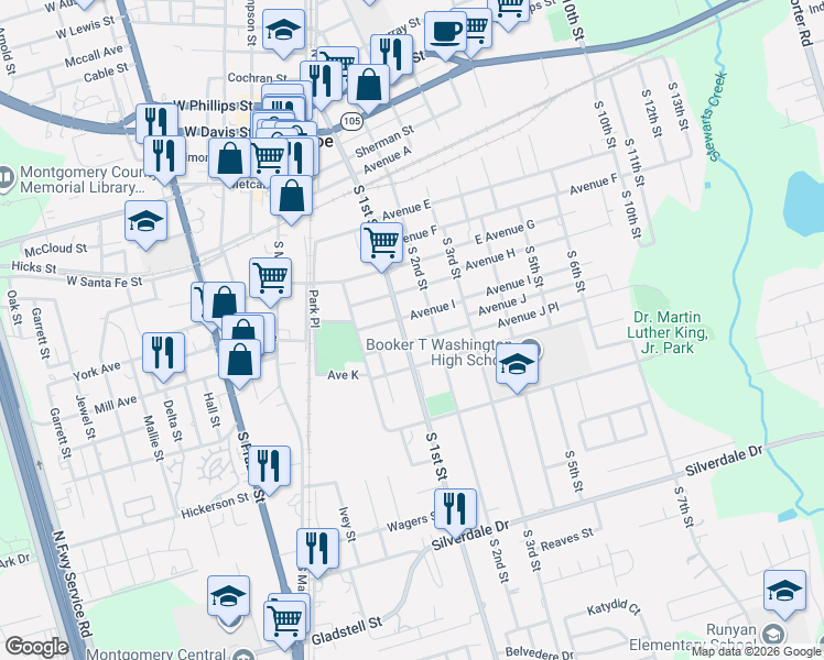 map of restaurants, bars, coffee shops, grocery stores, and more near 514 South 1st Street in Conroe