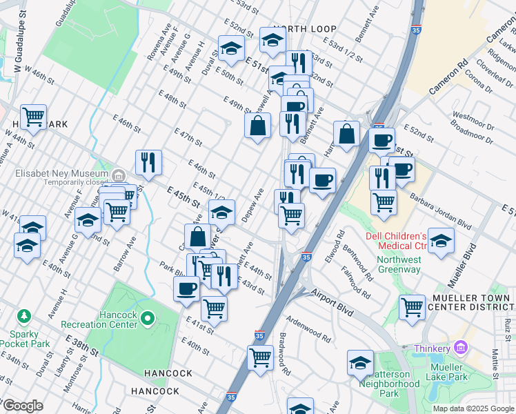 map of restaurants, bars, coffee shops, grocery stores, and more near 4601B Depew Avenue in Austin