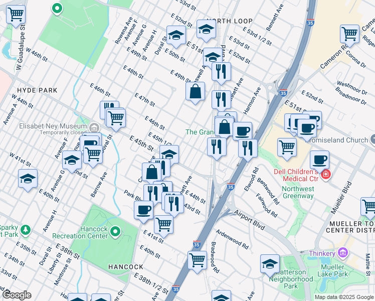 map of restaurants, bars, coffee shops, grocery stores, and more near 4518 Red River Street in Austin