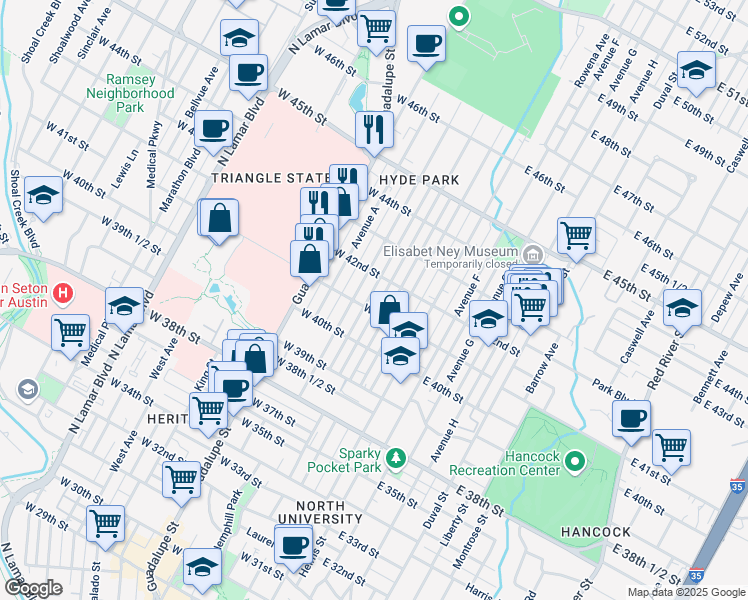 map of restaurants, bars, coffee shops, grocery stores, and more near 4113 Avenue C in Austin