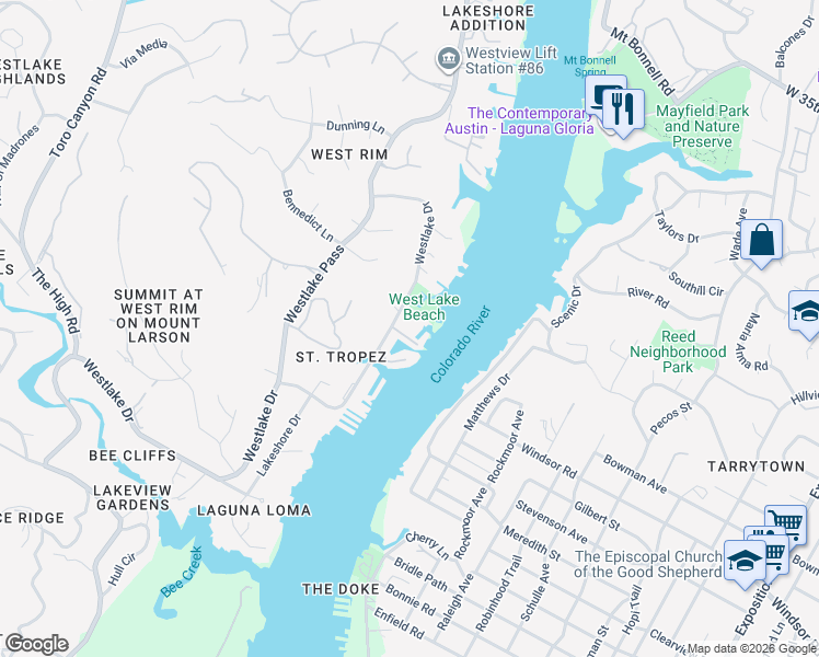 map of restaurants, bars, coffee shops, grocery stores, and more near 2507 Westlake Drive in Austin