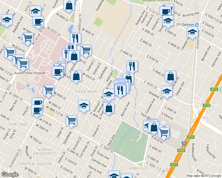map of restaurants, bars, coffee shops, grocery stores, and more near Avenue G & East 43rd Street in Austin