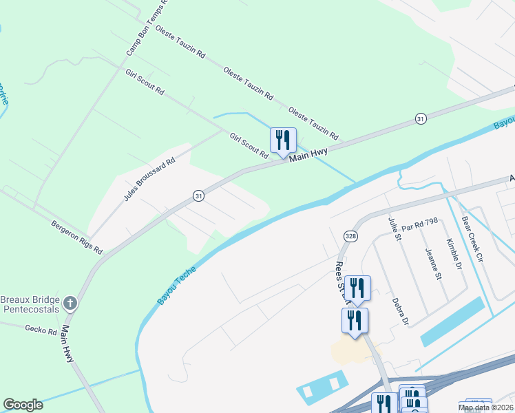 map of restaurants, bars, coffee shops, grocery stores, and more near 1031 Magenta Drive in Breaux Bridge