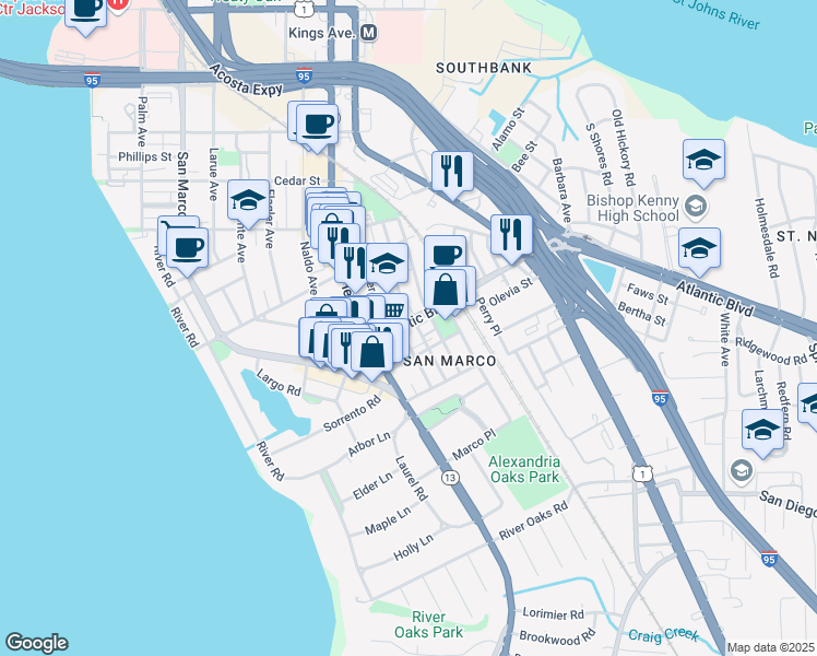 map of restaurants, bars, coffee shops, grocery stores, and more near 1562 Atlantic Boulevard in Jacksonville