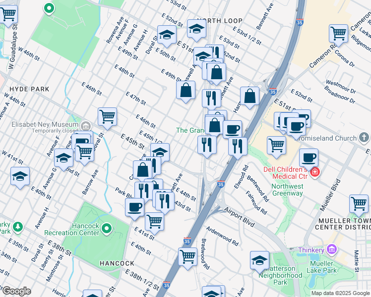 map of restaurants, bars, coffee shops, grocery stores, and more near 4601B Depew Avenue in Austin