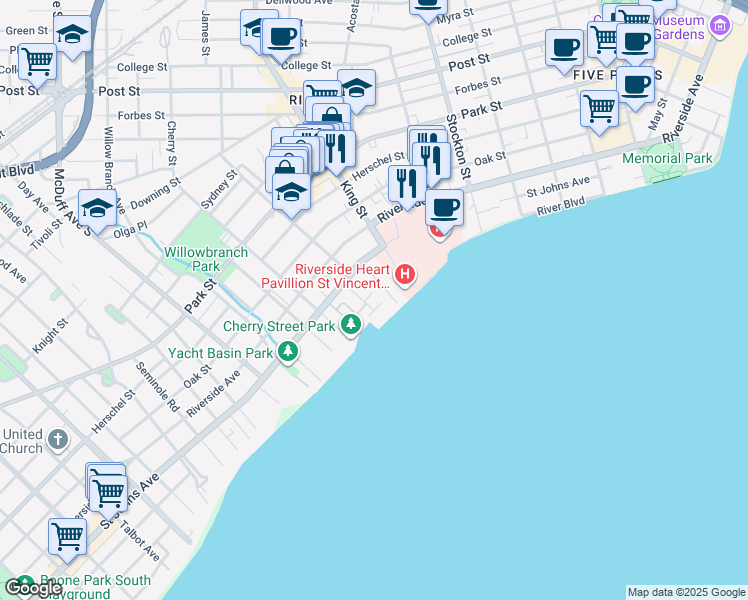 map of restaurants, bars, coffee shops, grocery stores, and more near 1842 Powell Place in Jacksonville