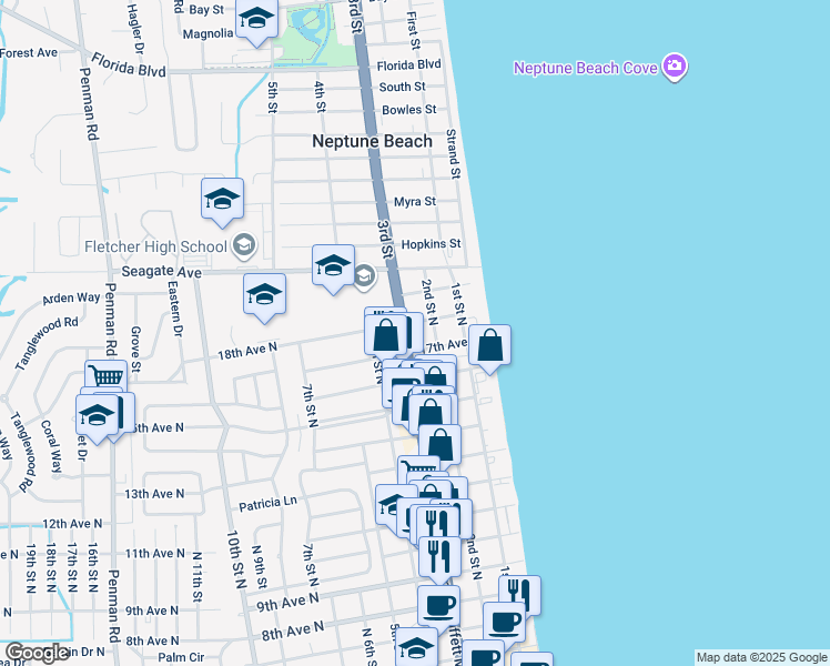 map of restaurants, bars, coffee shops, grocery stores, and more near 201 18th Avenue North in Jacksonville Beach