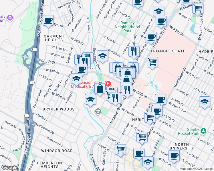 map of restaurants, bars, coffee shops, grocery stores, and more near in Austin