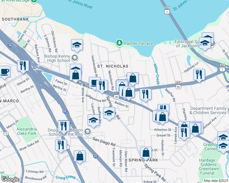map of restaurants, bars, coffee shops, grocery stores, and more near 1522 San Mateo Avenue in Jacksonville