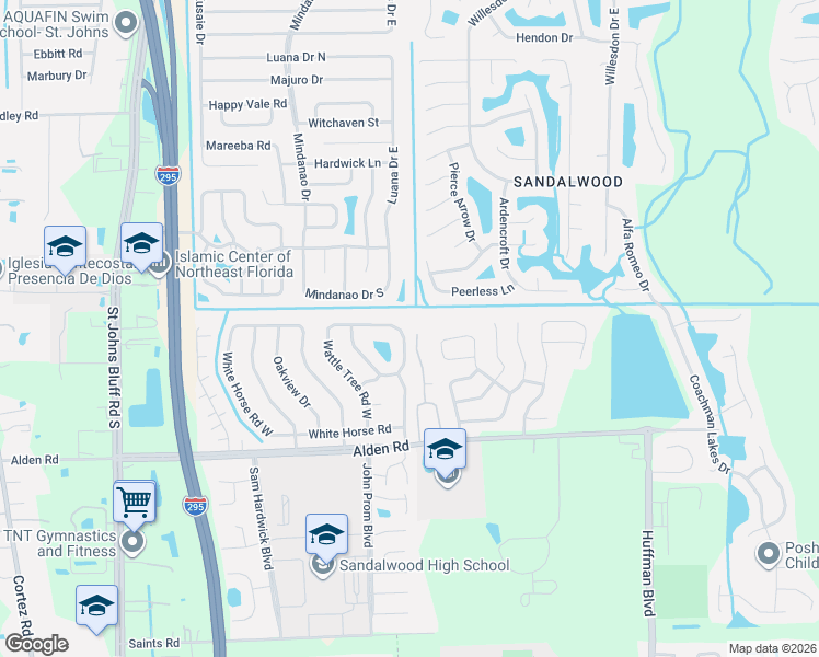 map of restaurants, bars, coffee shops, grocery stores, and more near 11795 Wattle Tree Road West in Jacksonville