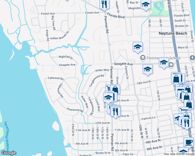 map of restaurants, bars, coffee shops, grocery stores, and more near 1812 Arden Way in Jacksonville Beach