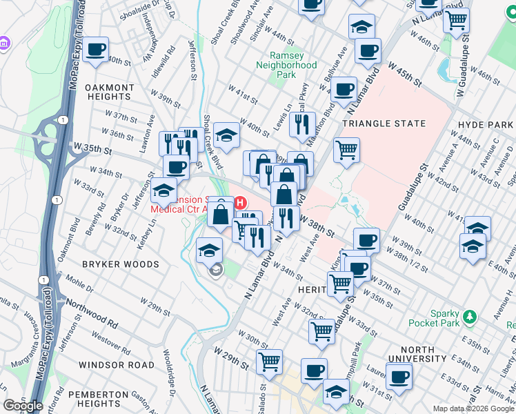 map of restaurants, bars, coffee shops, grocery stores, and more near 1201 West 38th Street in Austin