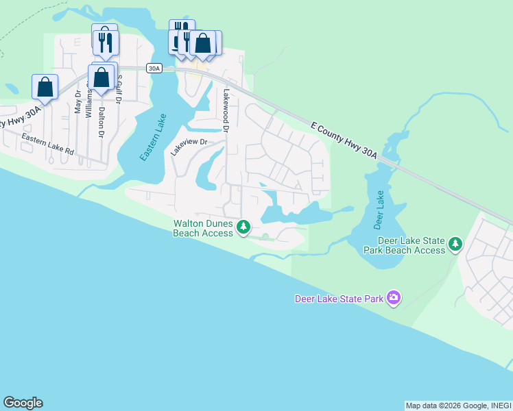 map of restaurants, bars, coffee shops, grocery stores, and more near 93 Beachfront Trail in Santa Rosa Beach