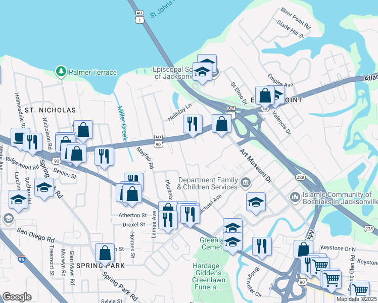 map of restaurants, bars, coffee shops, grocery stores, and more near 3952 Atlantic Boulevard in Jacksonville