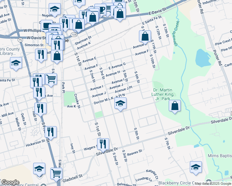 map of restaurants, bars, coffee shops, grocery stores, and more near 620 Avenue J in Conroe